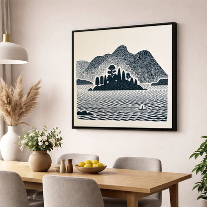 Derwentwater Island in Deep Navy lake district lake wall art displayed in a dining room