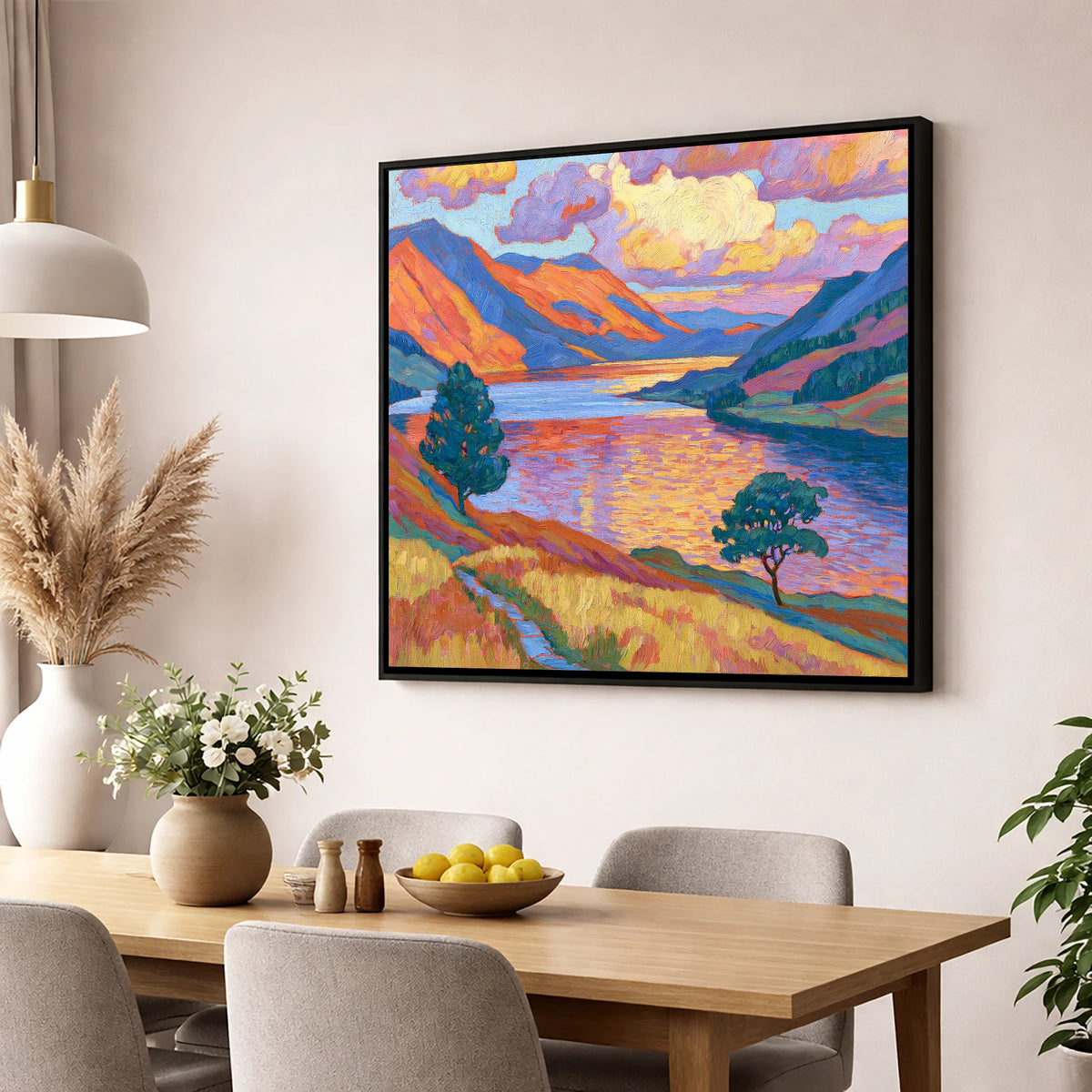 Radiant Evening Glow on the Fells lake district lake wall art displayed in a dining room