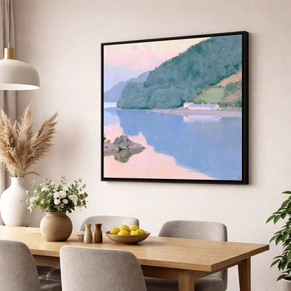 Pink Dawn on Coniston Water lake district lake wall art displayed in a dining room