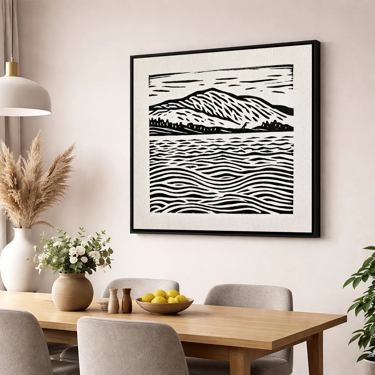 Coniston Water Monochrome Waves lake district lake wall art displayed in a dining room