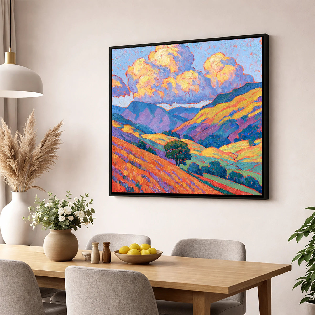 Golden Fellside with Violet Shadows lake district fell wall art displayed in a dining room