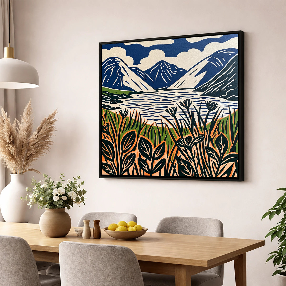 Wastwater in Navy and Orange lake district lake wall art displayed in a dining room