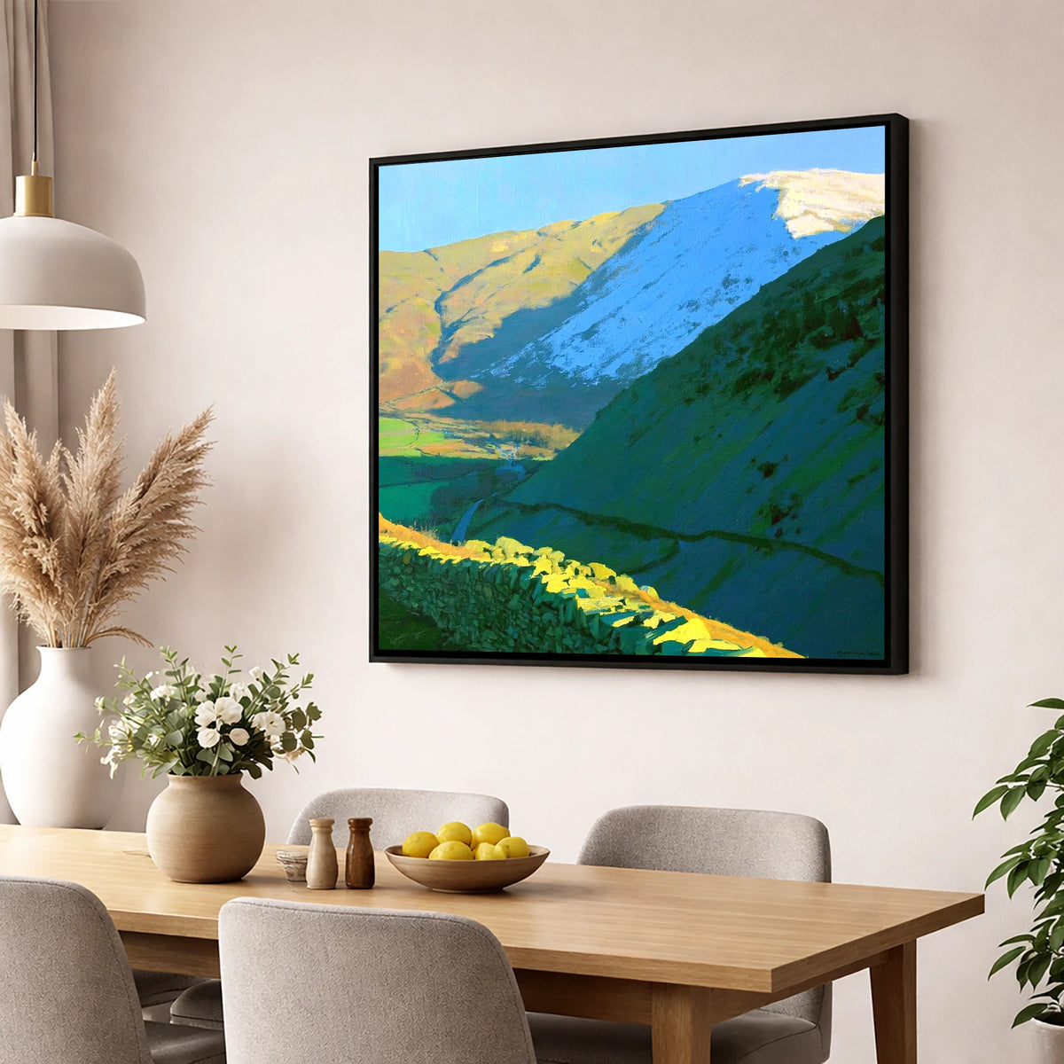 Seat Sandal Snowy Peak in Sunlight lake district fell wall art displayed in a dining room
