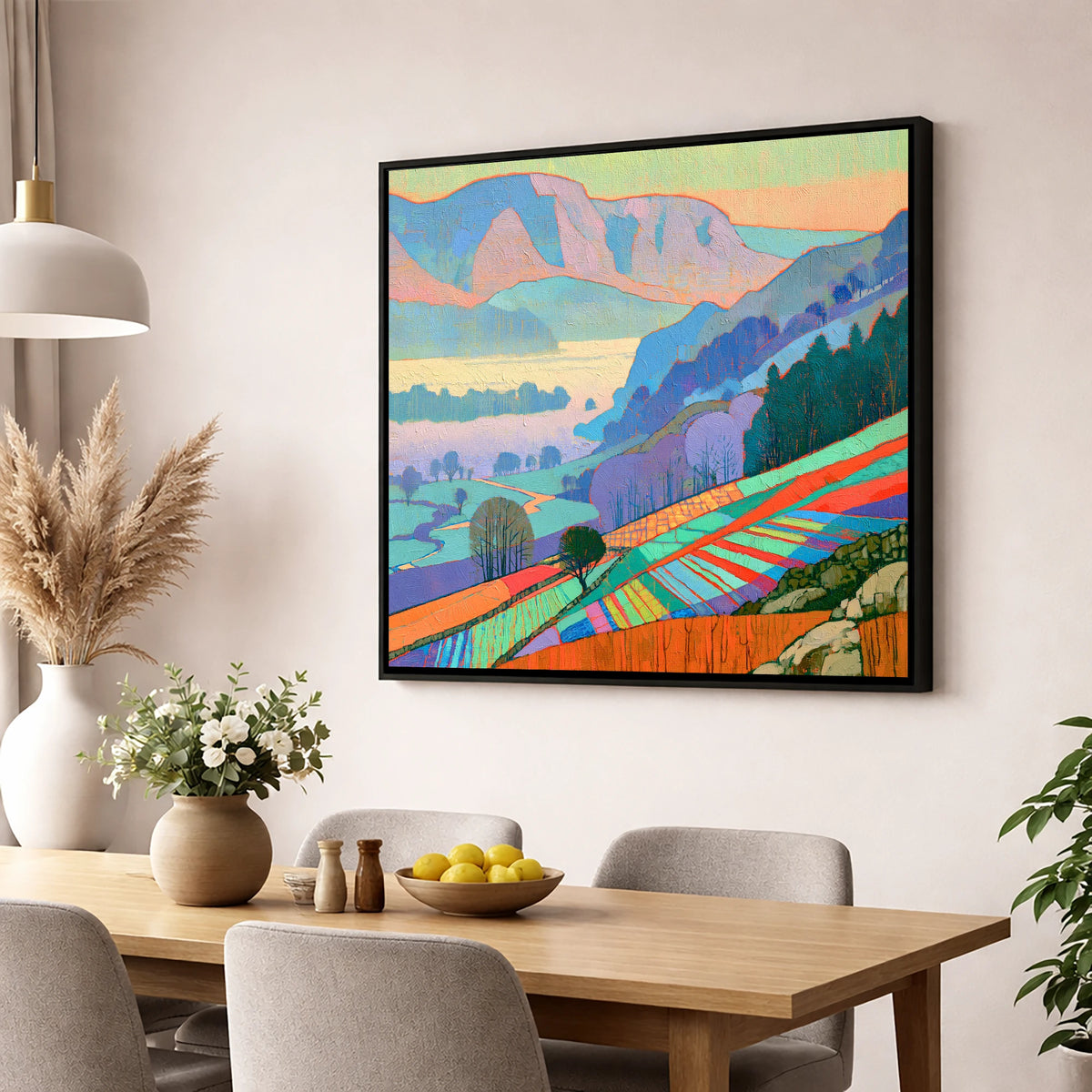 Vivid Morning Valley Mist lake district sky wall art displayed in a dining room