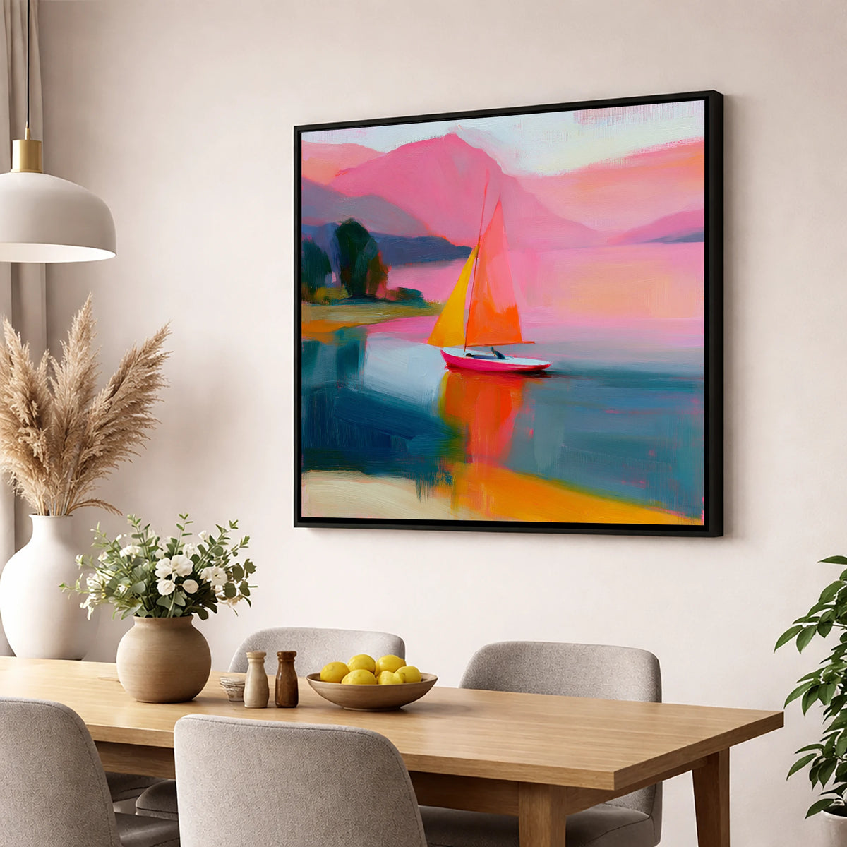 Vibrant Sailboat Beneath Pink Fells lake district walking wall art displayed in a dining room