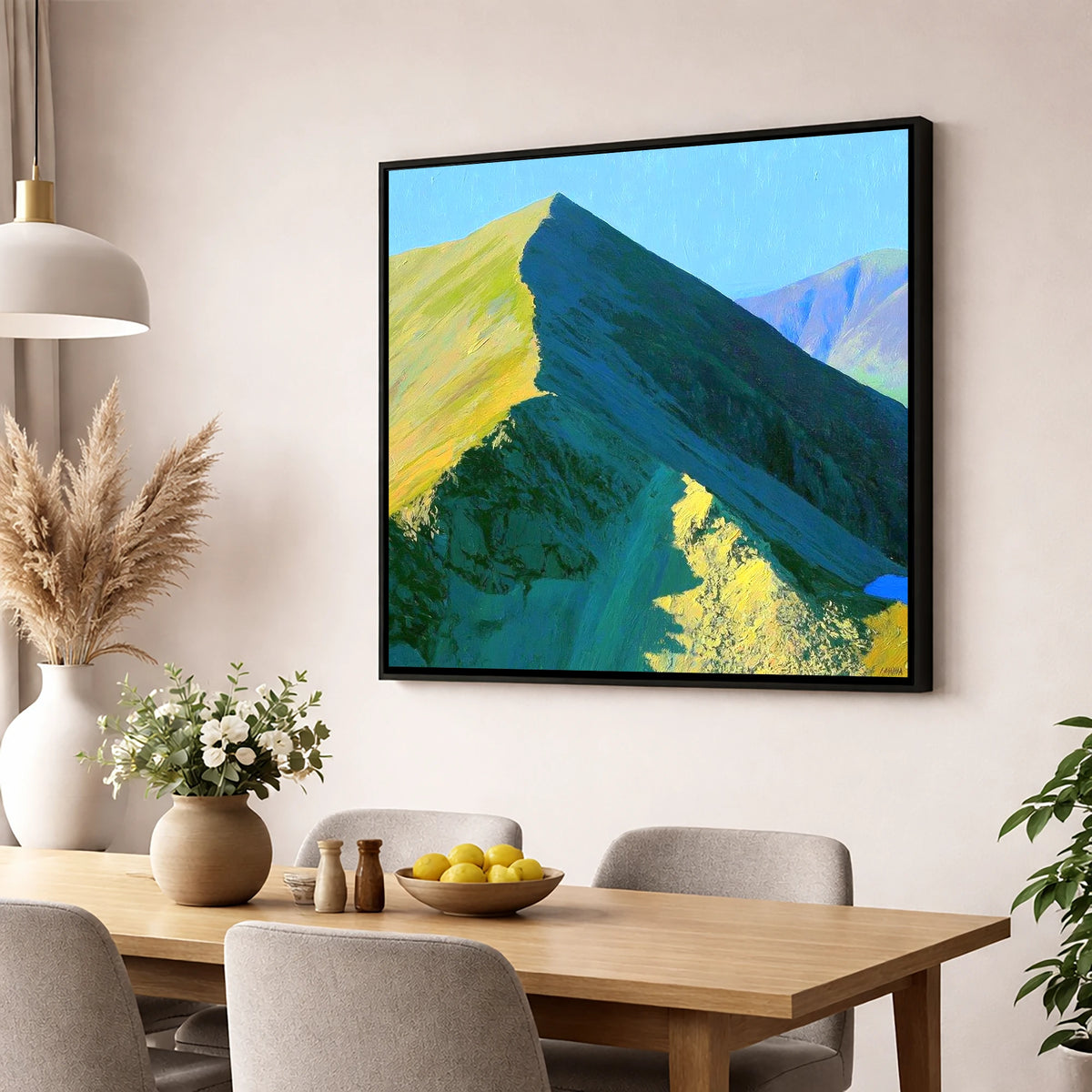 Sunlit Ridge of Catstye Cam lake district fell wall art displayed in a dining room
