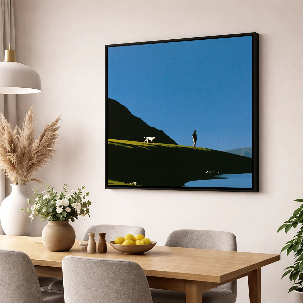 Silhouetted Glenridding Walker and Dog gifts for dog walkers wall art displayed in a dining room