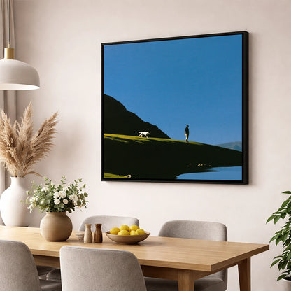 Silhouetted Glenridding Walker and Dog gifts for dog walkers wall art displayed in a dining room