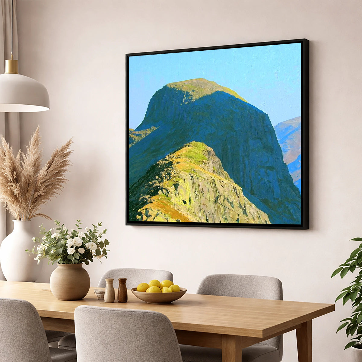 Sunlit Pike of Stickle Dome lake district fell wall art displayed in a dining room