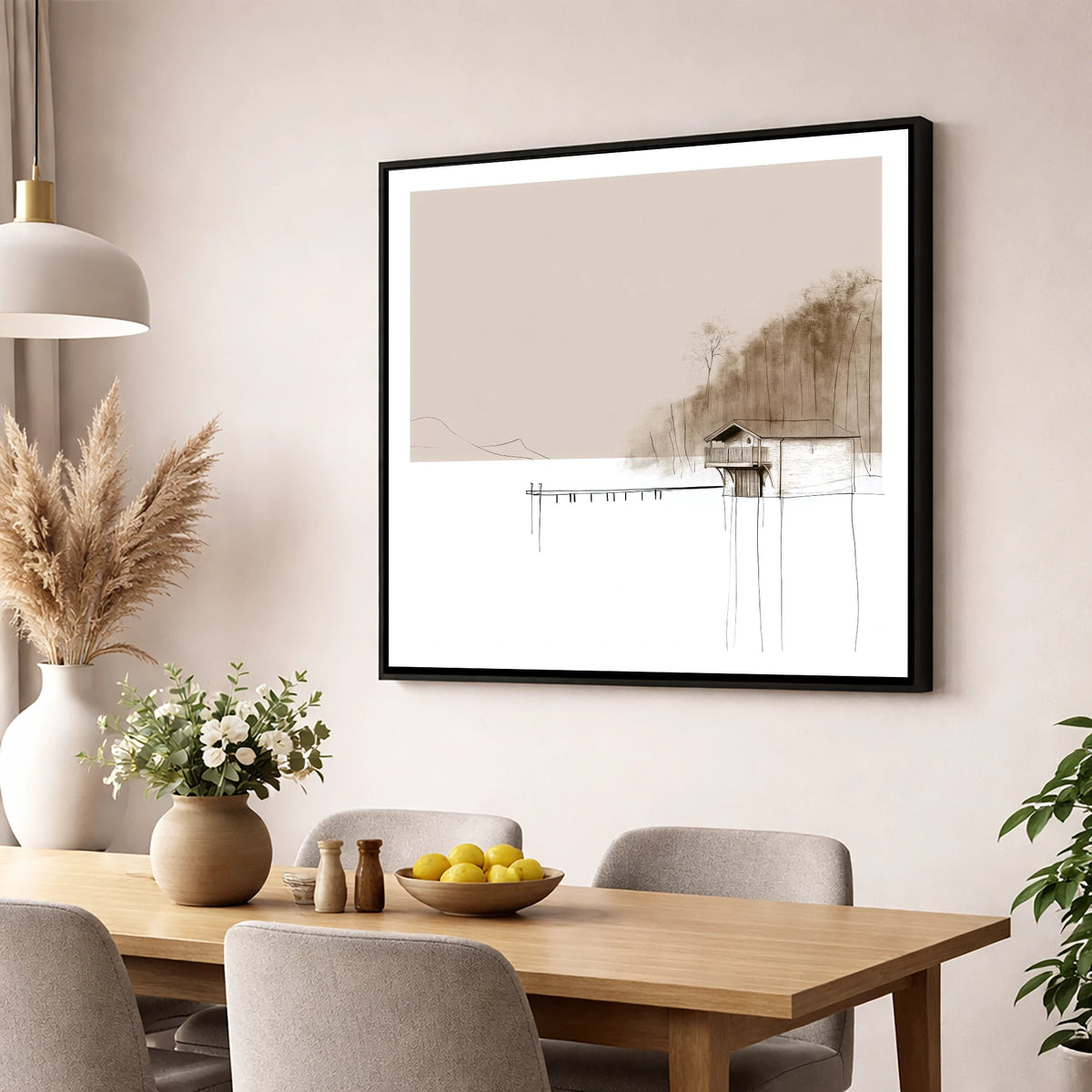 Pooley Bridge Boathouse in Taupe lake district village wall art displayed in a dining room