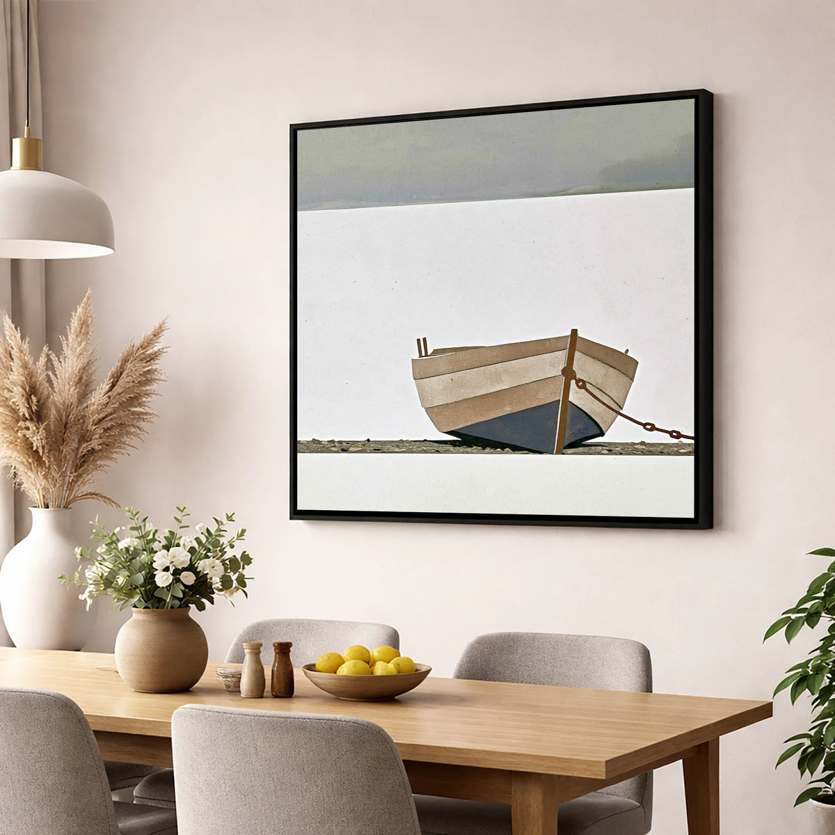 Grounded Clinker Boat Windermere lake district lake wall art displayed in a dining room