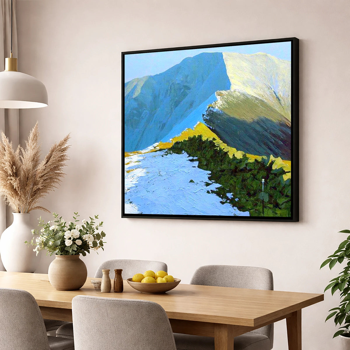 Sunlit Snow on Fairfield Ridge lake district fell wall art displayed in a dining room