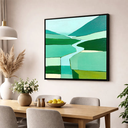 Abstract River Duddon Valley lake district waterfall wall art displayed in a dining room