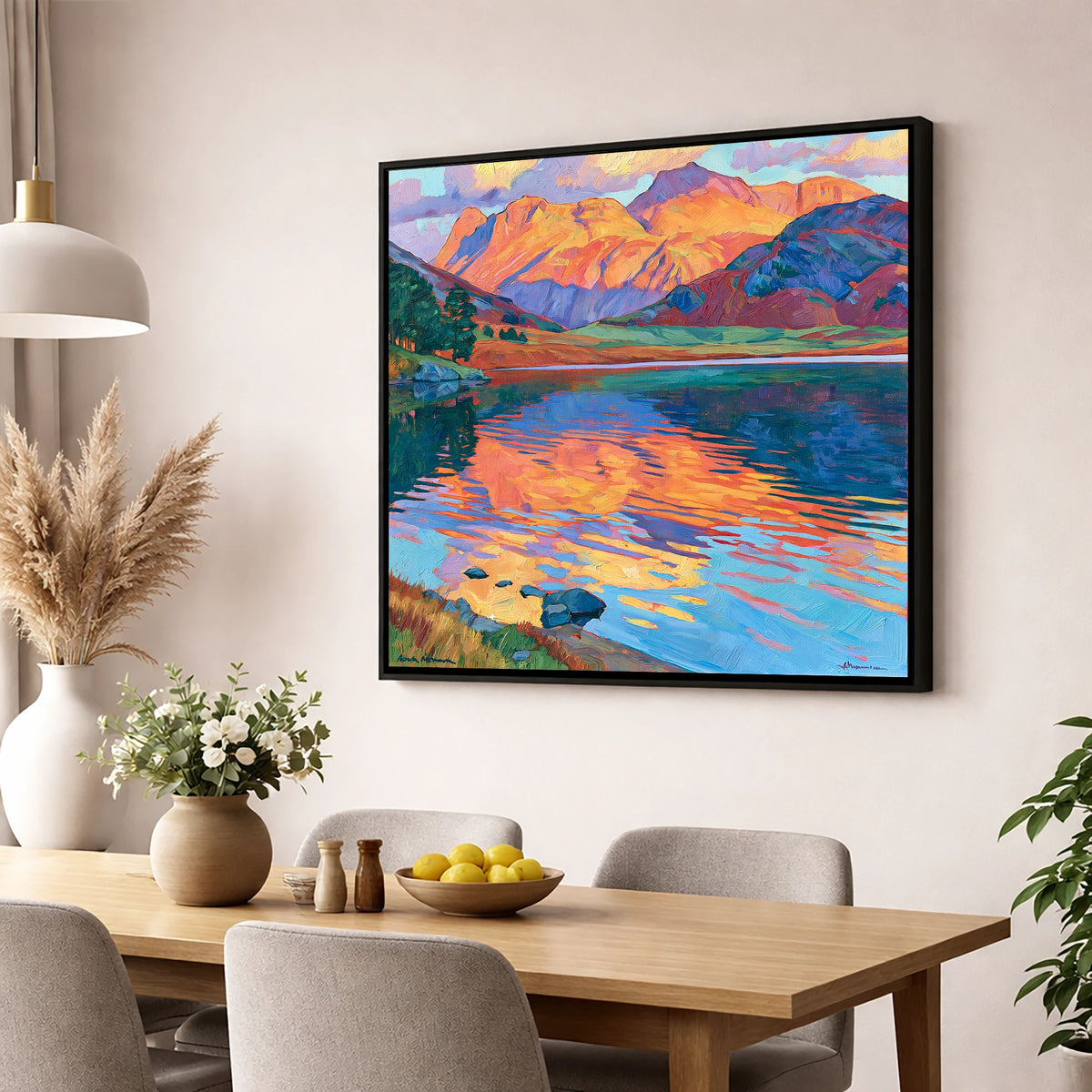 Radiant Fells and Lake Reflections lake district lake wall art displayed in a dining room