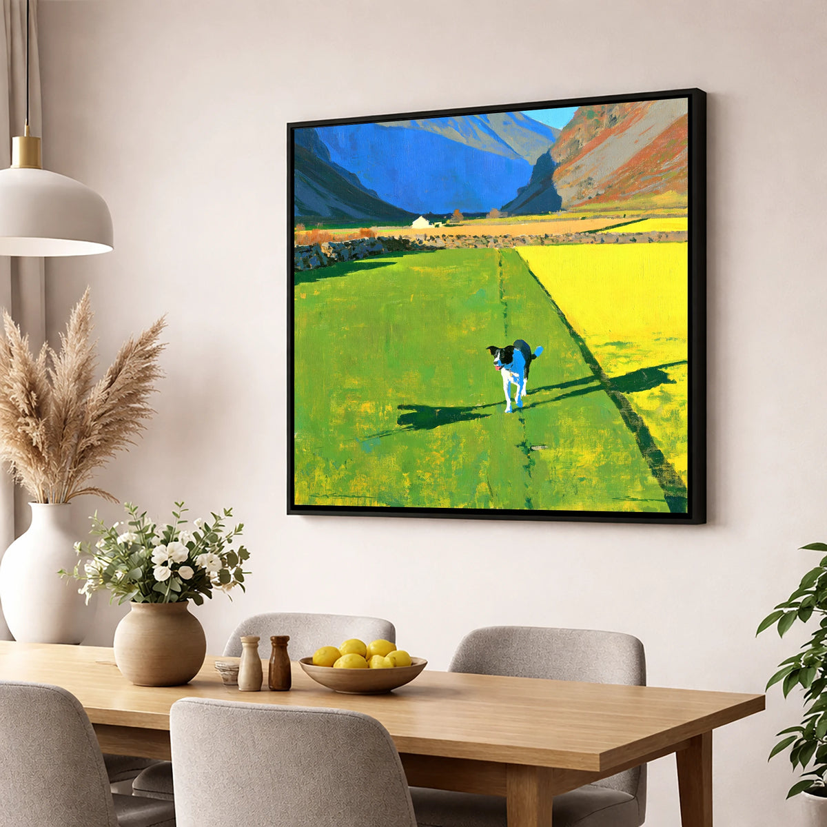 Sunlit Wasdale Valley Dog Walk gifts for dog walkers wall art displayed in a dining room