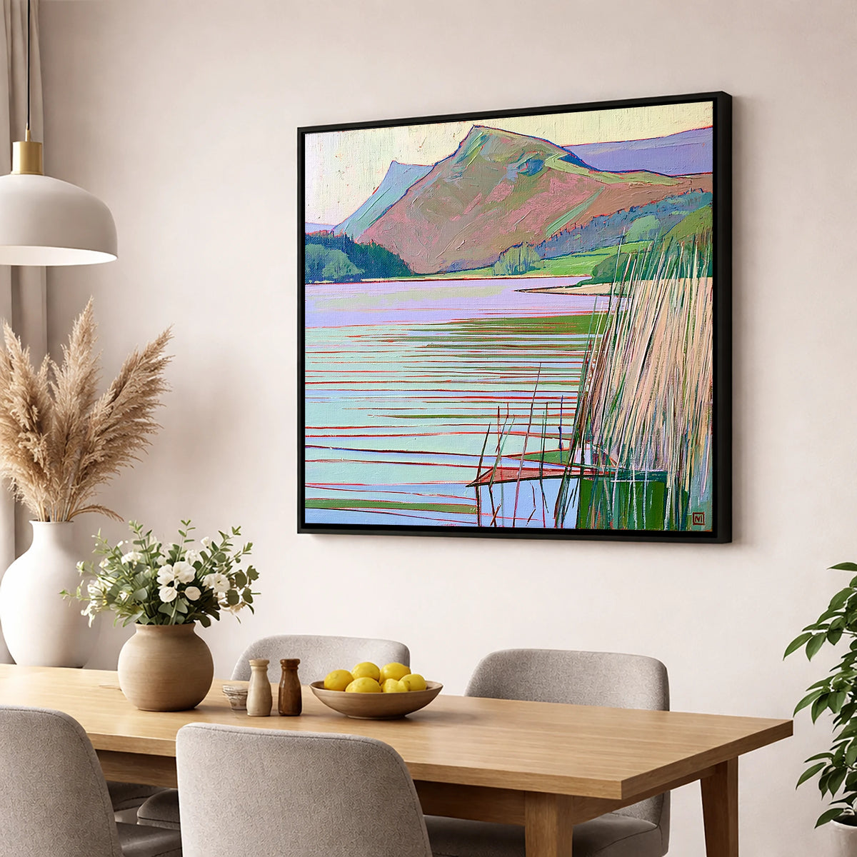 Grasmere Lake In Pastel Tones lake district lake wall art displayed in a dining room