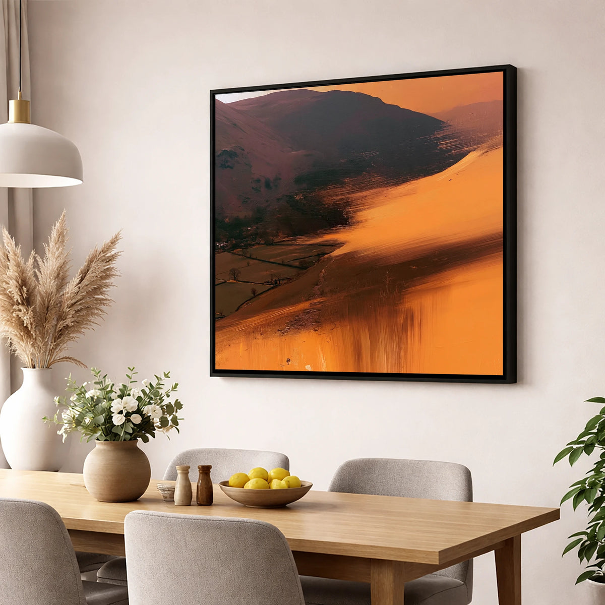 Amber Bracken Above Patterdale lake district village wall art displayed in a dining room