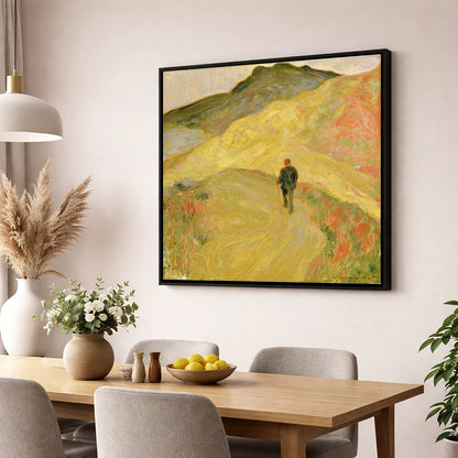 Lone Hiker on Golden Fells lake district walking wall art displayed in a dining room