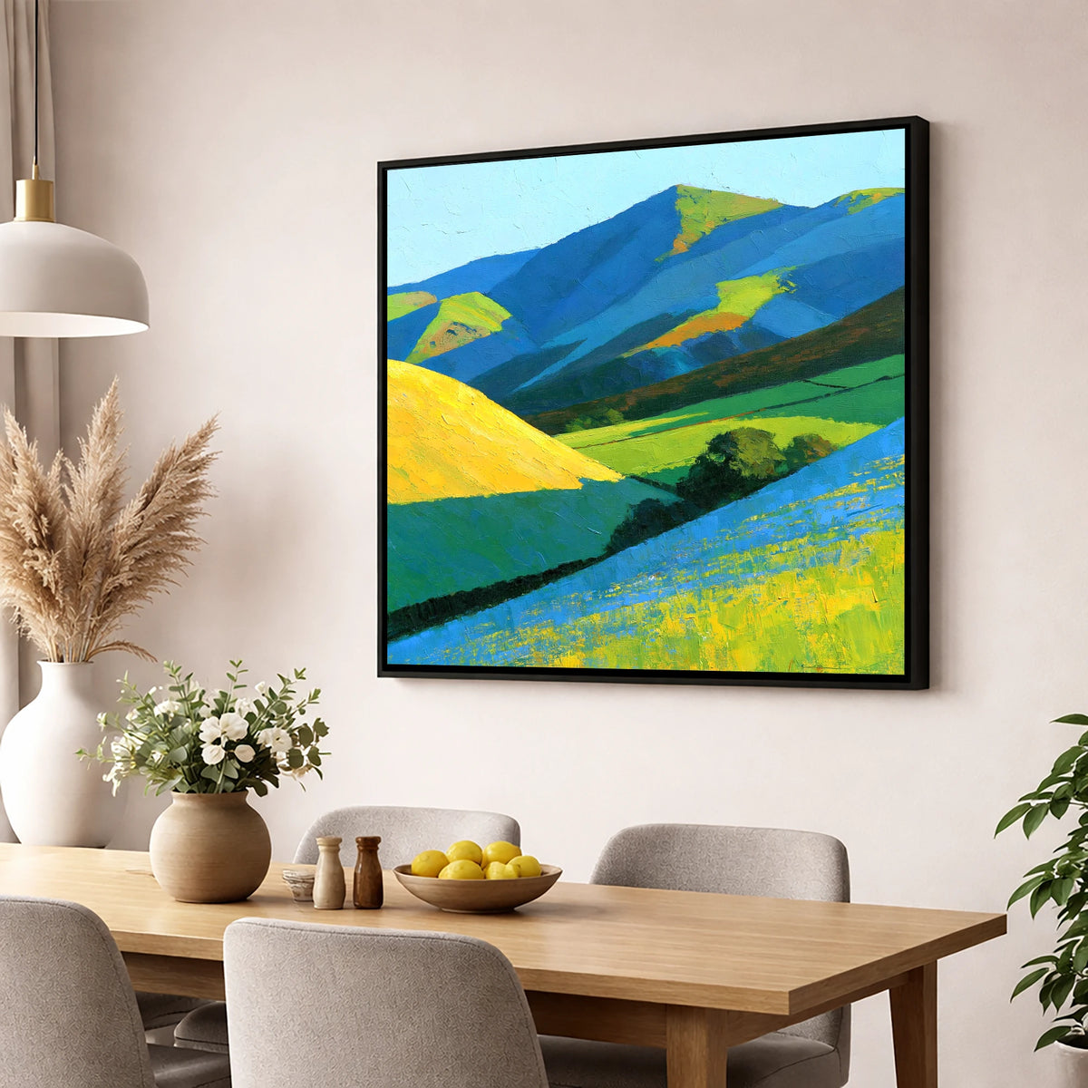 Vibrant Sunlight on Lakeland Fells lake district sky wall art displayed in a dining room