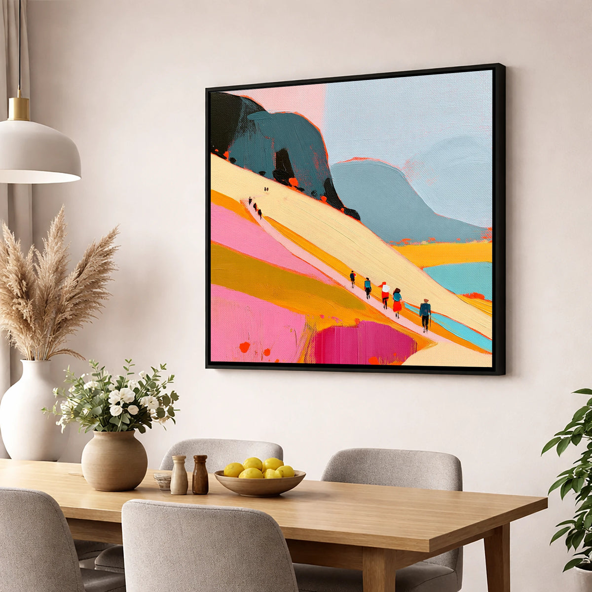 Vibrant Mountain Path Walkers lake district walking wall art displayed in a dining room