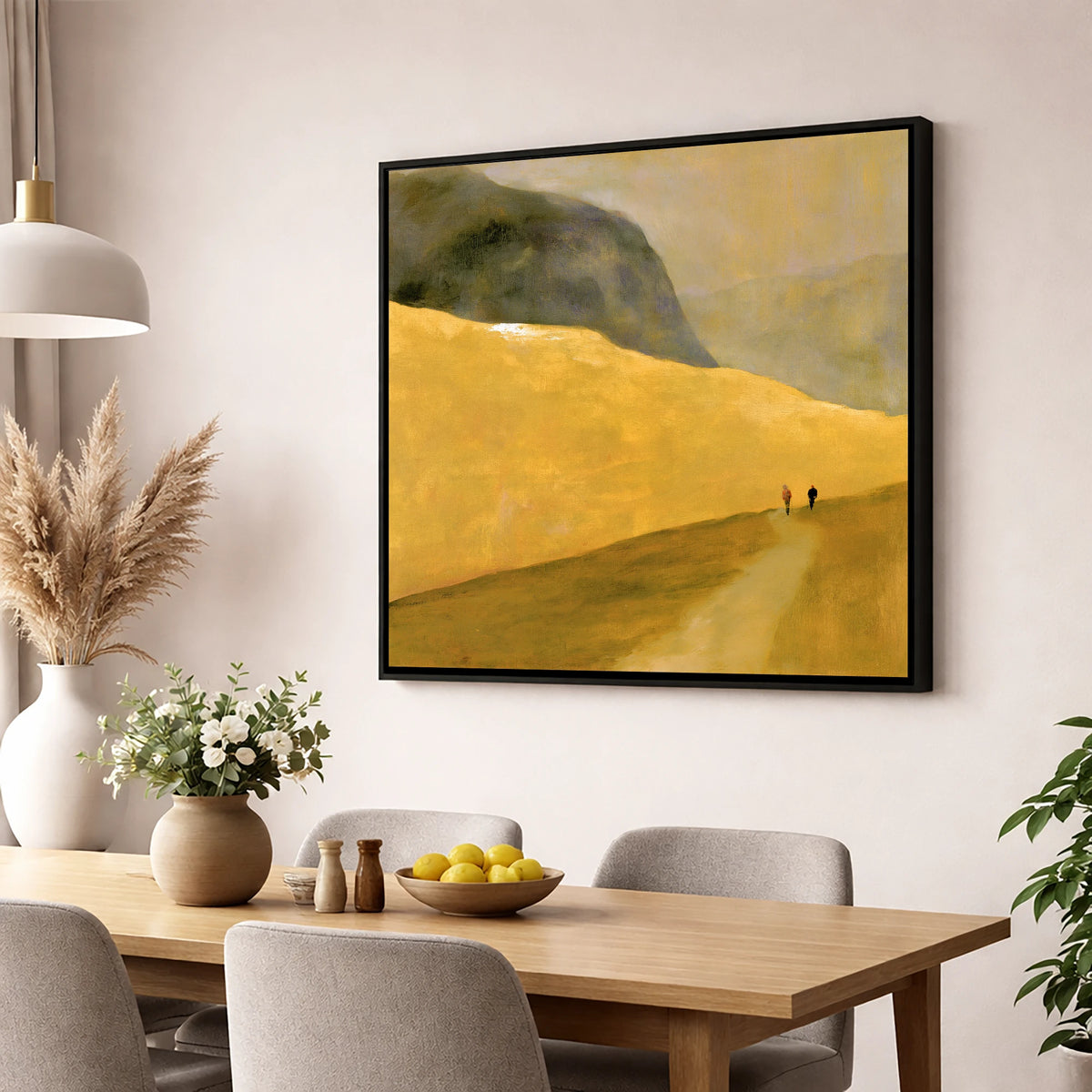 Walkers on a Golden Fell lake district walking wall art displayed in a dining room