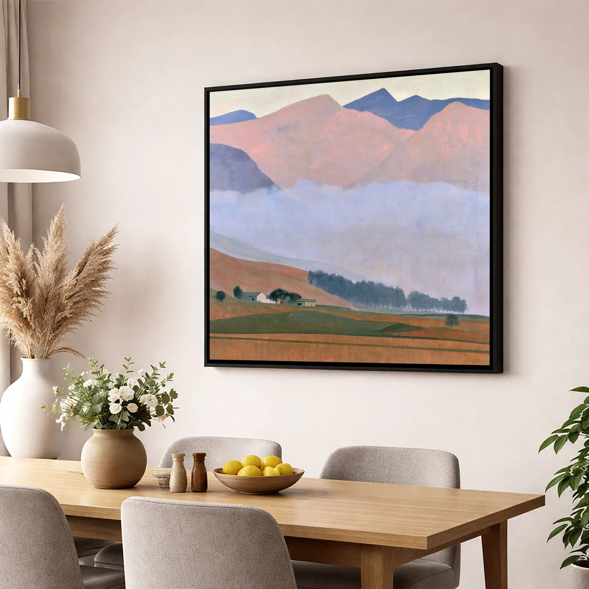 Pink Fells Above Valley Cloud lake district fell wall art displayed in a dining room