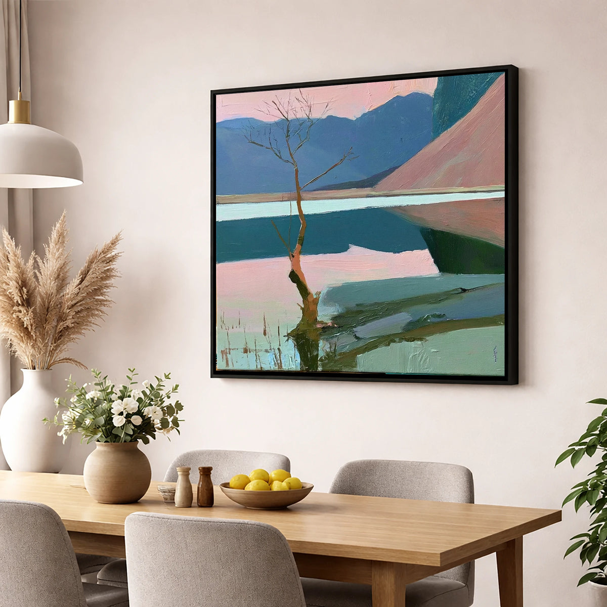 Buttermere Lone Tree in Pink lake district lake wall art displayed in a dining room
