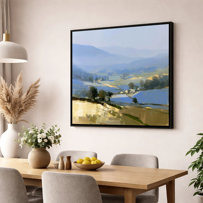 Morning Light on Misty Valley lake district sky wall art displayed in a dining room
