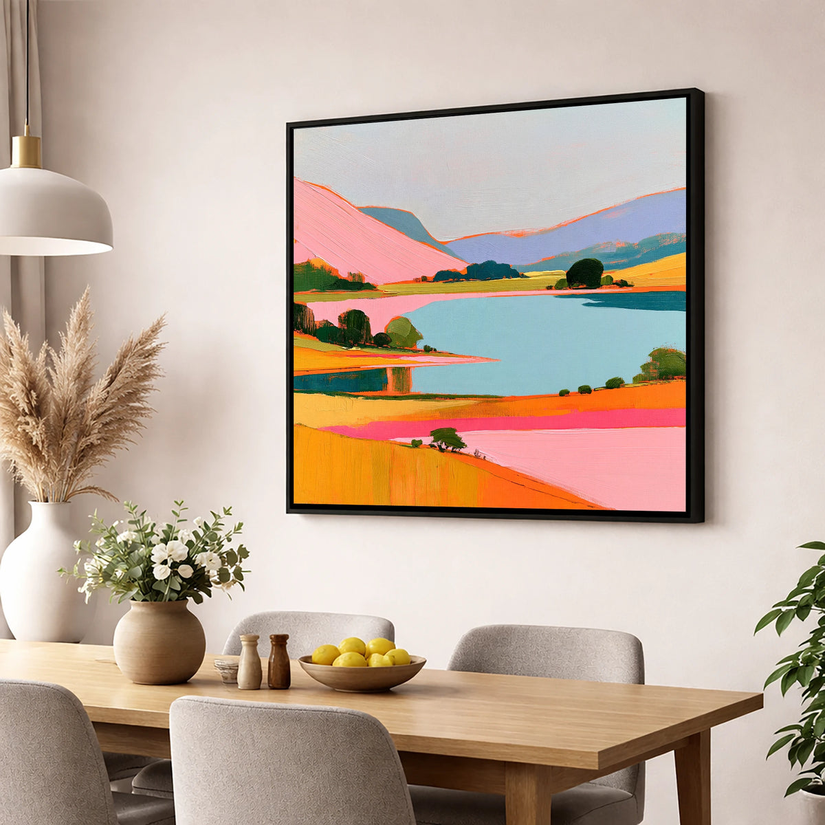 Pink Fells Over Teal Lake lake district lake wall art displayed in a dining room