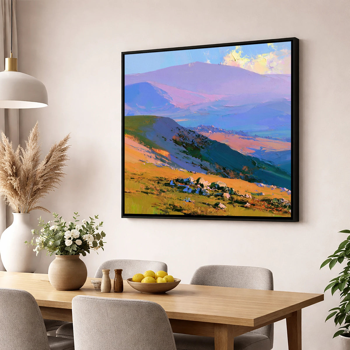 Sunlit Summit and Purple Fells lake district fell wall art displayed in a dining room