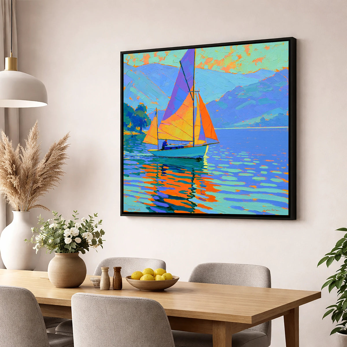 Vibrant Sails on a Breezy Lake lake district walking wall art displayed in a dining room