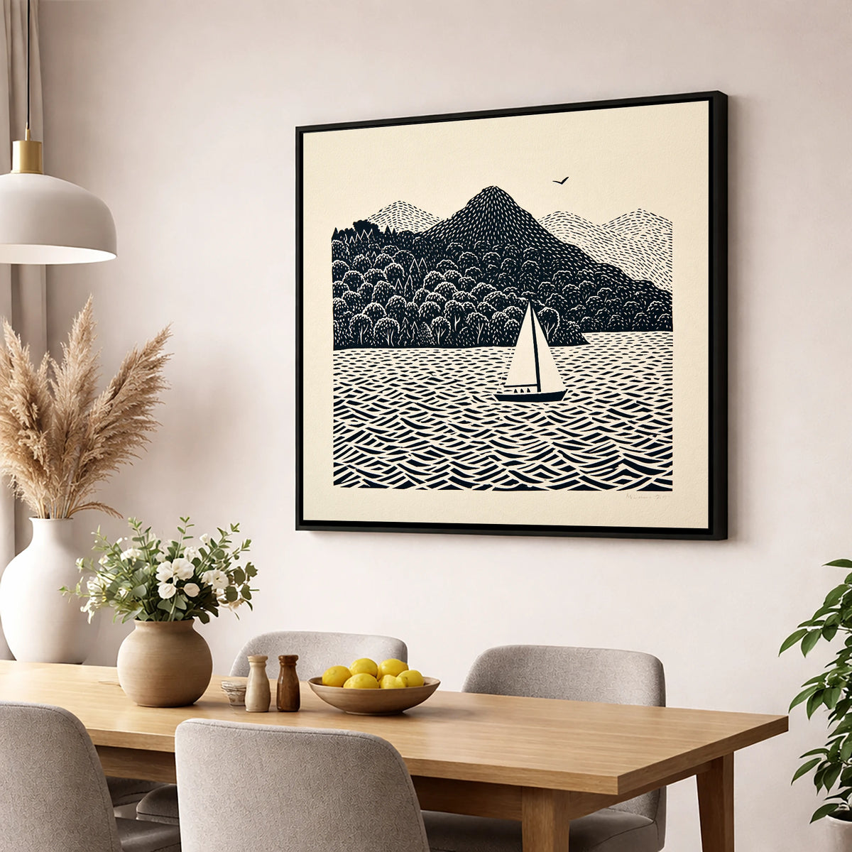 Monochrome Windermere Sailboat lake district lake wall art displayed in a dining room
