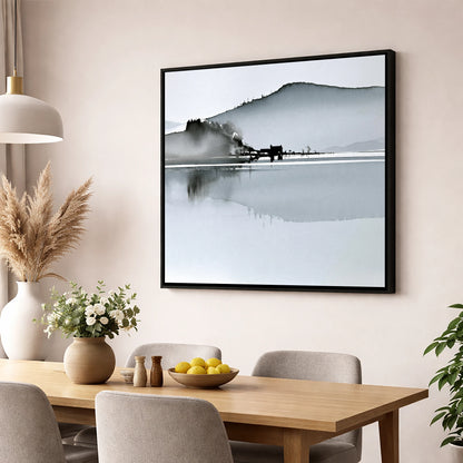 Monochrome Calm Lake Reflections lake district lake wall art displayed in a dining room