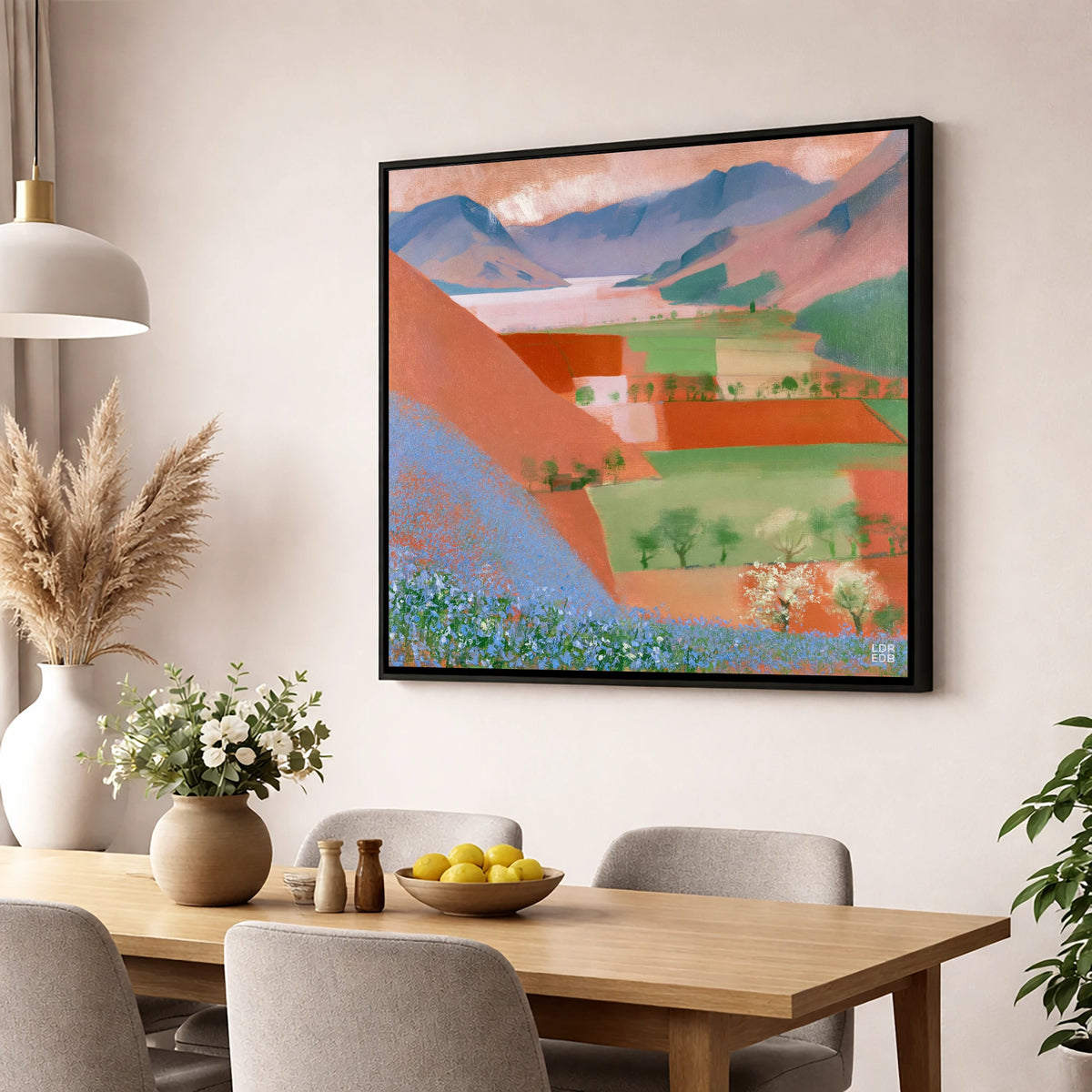 Rannerdale Bluebells Over Crummock Water lake district lake wall art displayed in a dining room
