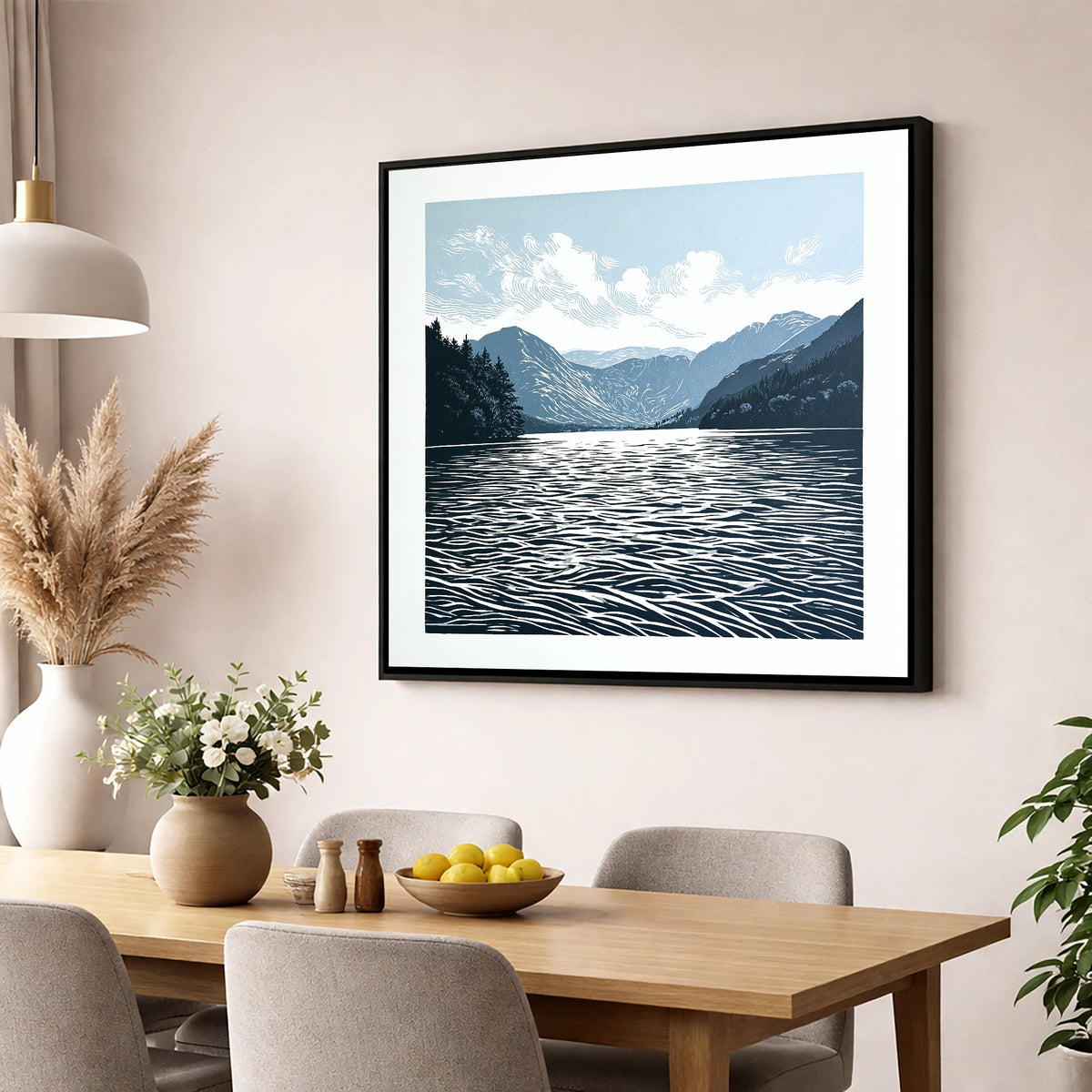 Crummock Water in Deep Navy lake district lake wall art displayed in a dining room