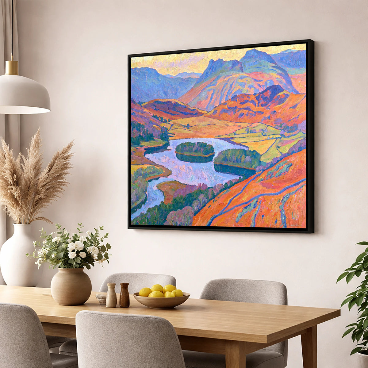 Radiant Fells Above Elter Water lake district lake wall art displayed in a dining room