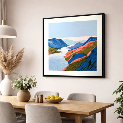 Vibrant Summit View Over the Lake lake district fell wall art displayed in a dining room