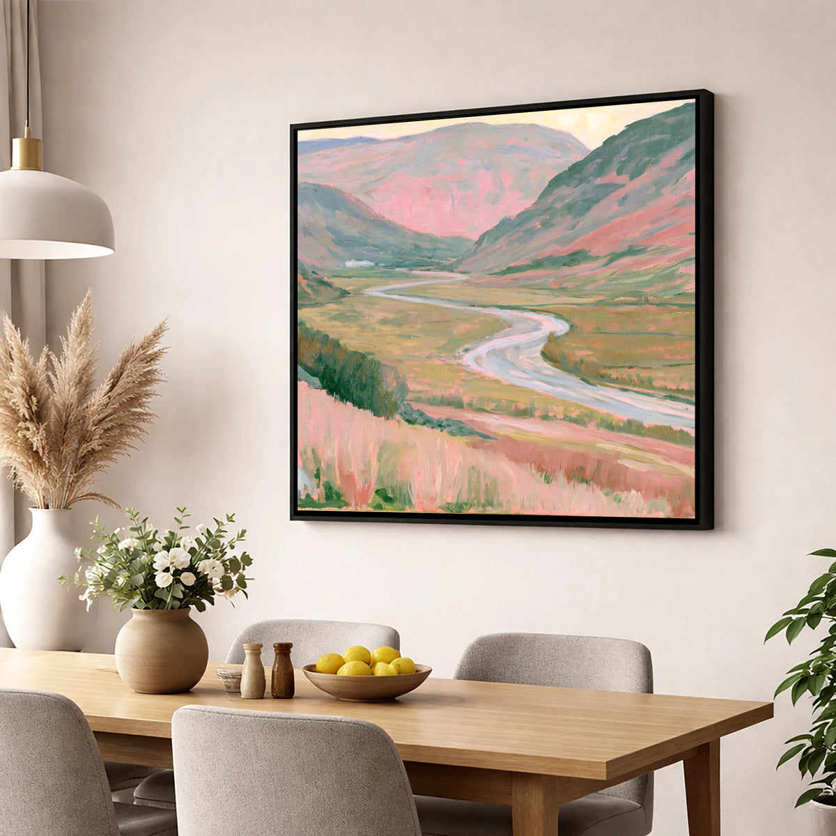 Winding River in Pastel Light lake district waterfall wall art displayed in a dining room