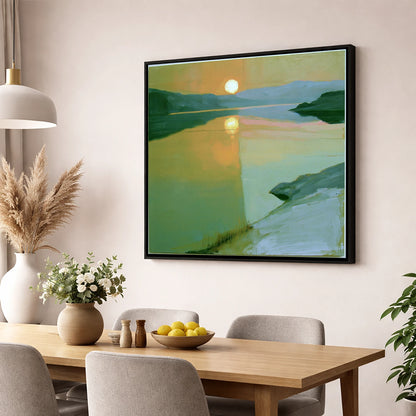 Lake Sunset in Sage Green lake district lake wall art displayed in a dining room