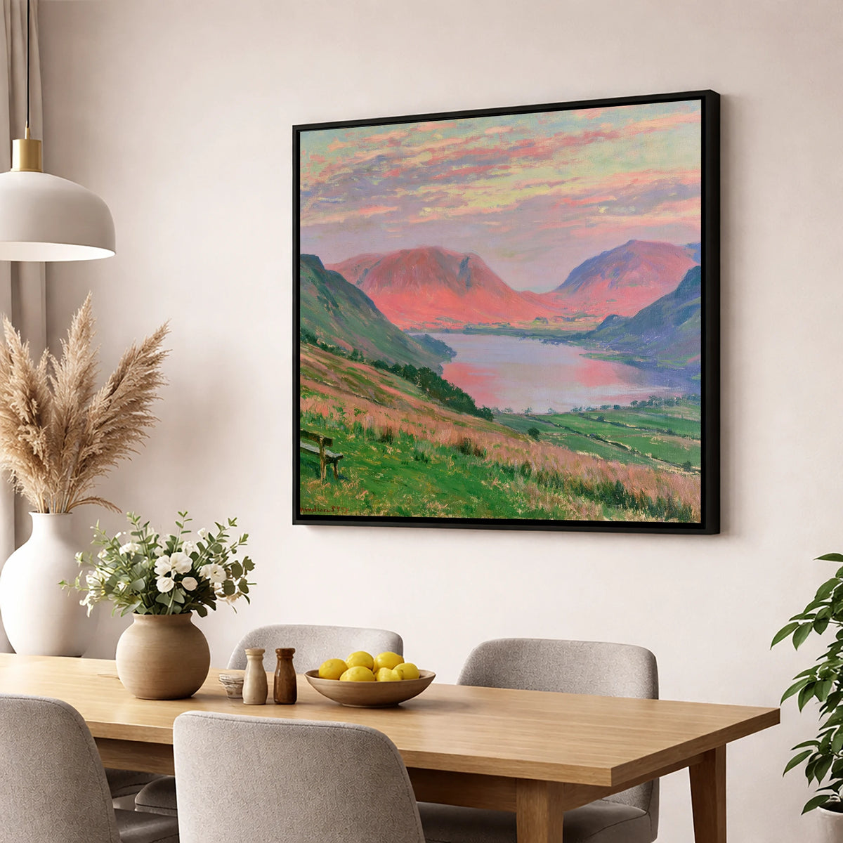 Loweswater Fells in Sunset Pink lake district lake wall art displayed in a dining room