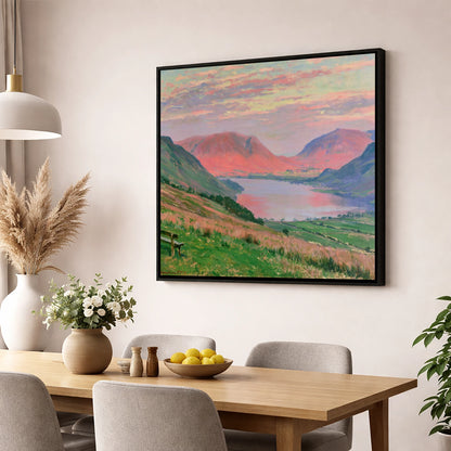 Loweswater Fells in Sunset Pink lake district lake wall art displayed in a dining room