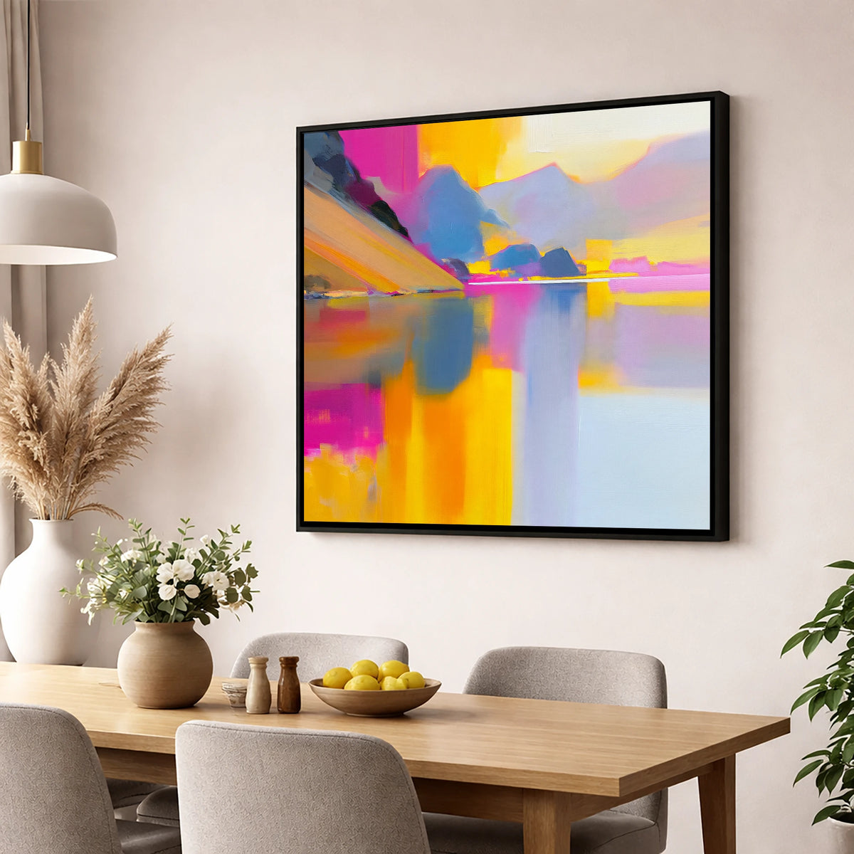Loweswater Fells in Bold Magenta lake district lake wall art displayed in a dining room