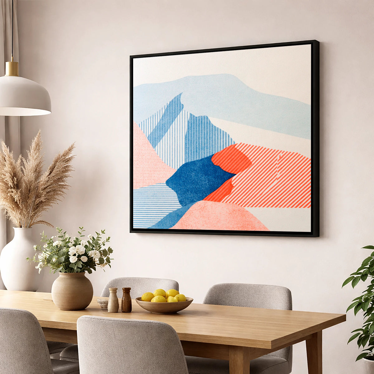 Abstract Skiddaw in Blue and Coral lake district fell wall art displayed in a dining room