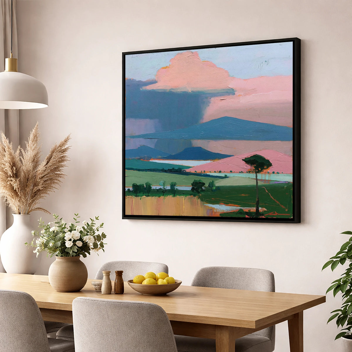 Teal Storm Over Lakeland Fells lake district sky wall art displayed in a dining room