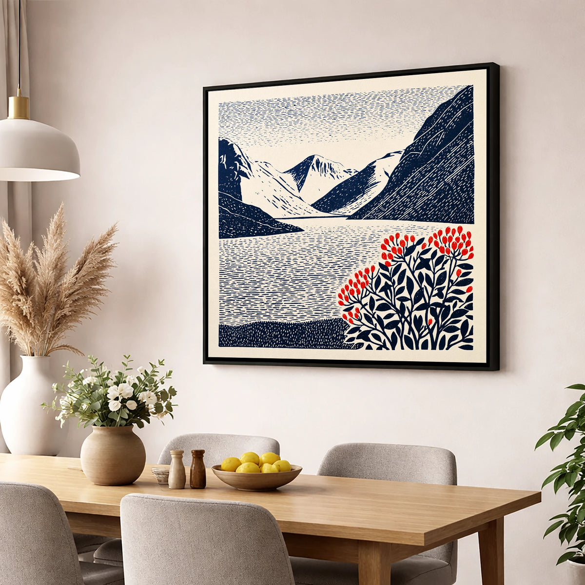 Wastwater Fells and Red Berries lake district lake wall art displayed in a dining room