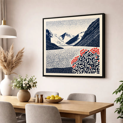 Wastwater Fells and Red Berries lake district lake wall art displayed in a dining room