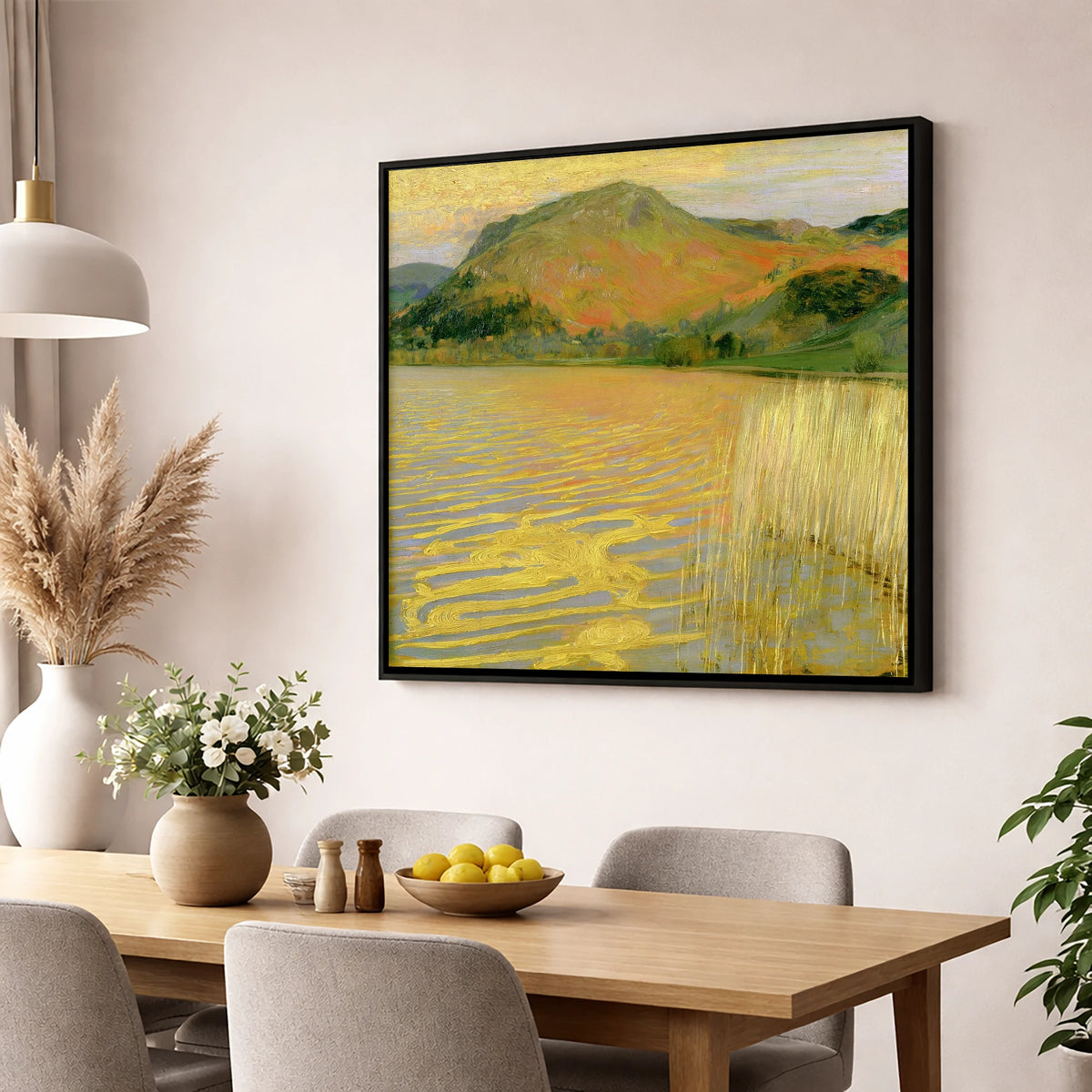 Grasmere in Golden Light lake district lake wall art displayed in a dining room