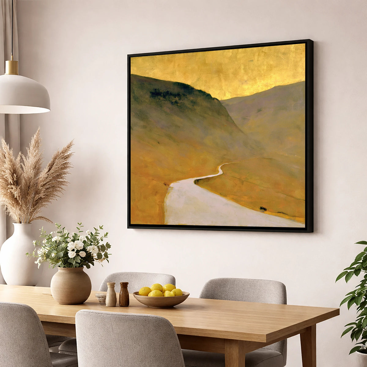 Winding Pass in Golden Light lake district valley wall art displayed in a dining room
