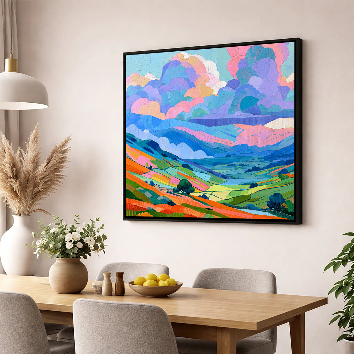 Colourful Fells Under Storm Clouds lake district sky wall art displayed in a dining room