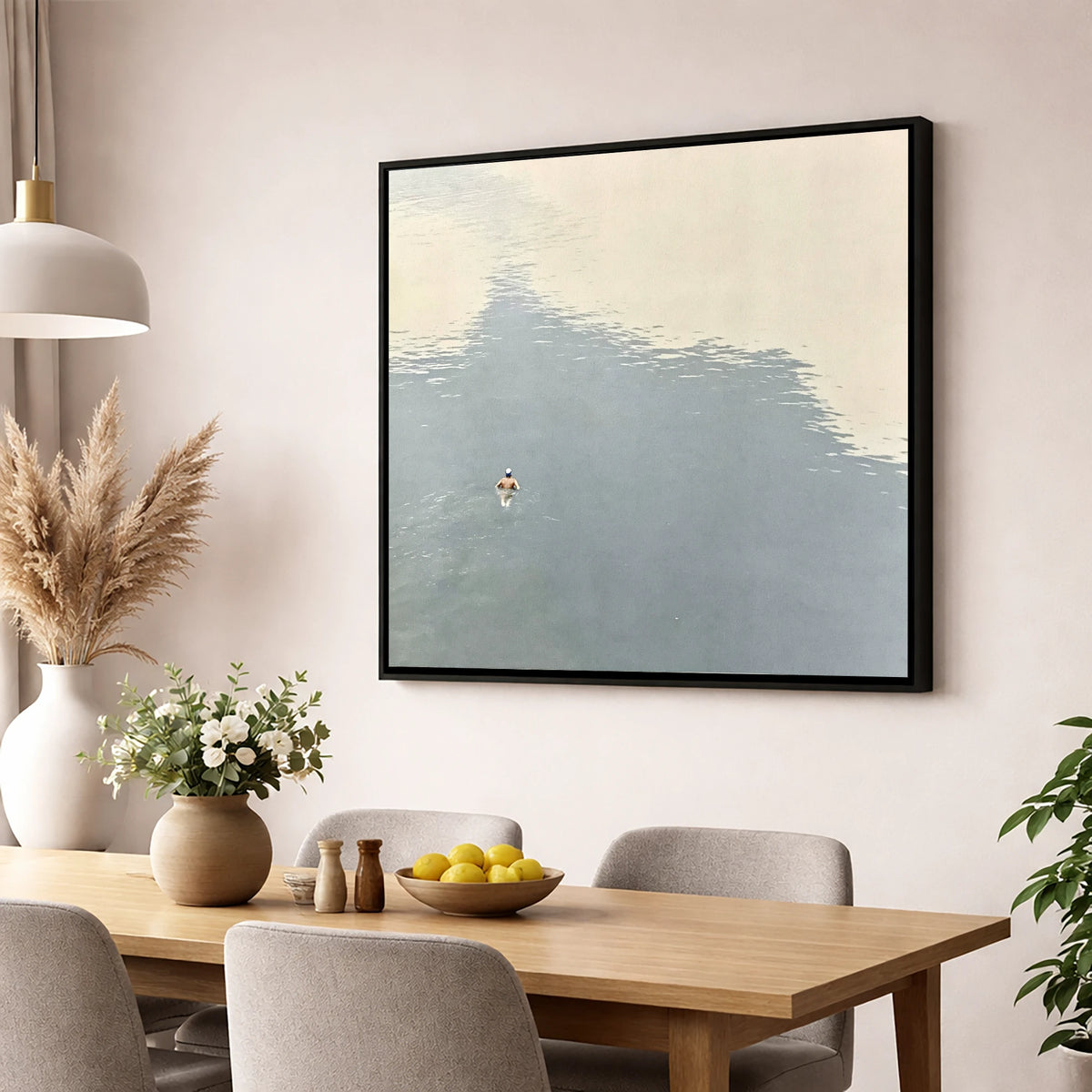 Lone Swimmer on Windermere windermere wall art wall art displayed in a dining room
